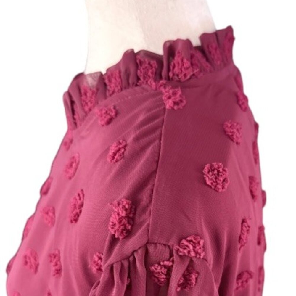 Adibosy Burgundy Ruffle Mock Neck Chiffon Lined Mini Dress Long Sleeve Plus 2XL - Picture 8 of 14